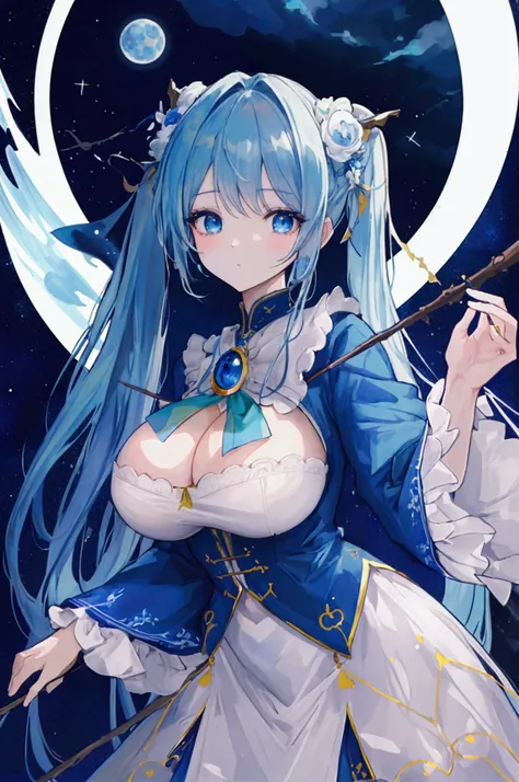 (super detailed:1.2, masterpiece:1.2, best quality:1.2, high res:1.2),{{masterpiece, highres, best quality, amazing quality, detailed, intricate details, very aesthetic, absurdres}}, blue hair, twin tail, huge breasts, green eye, moon, night sky, fly, witc...