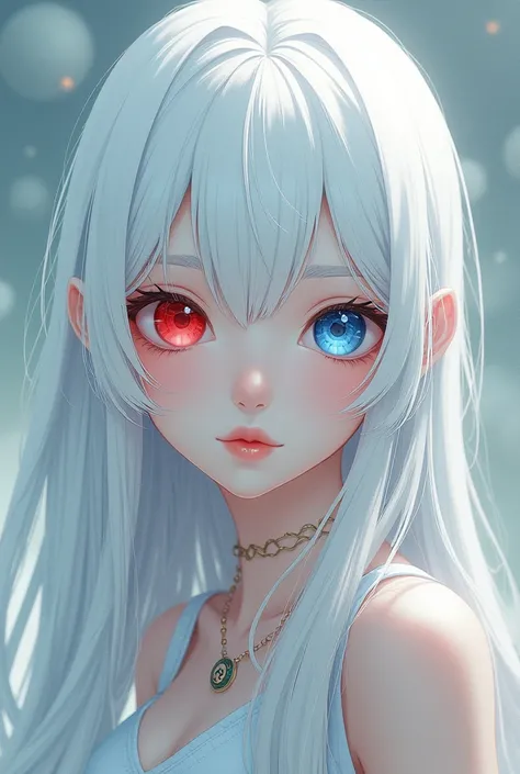 Albino-haired anime girl ,  right eye red and left eye blue