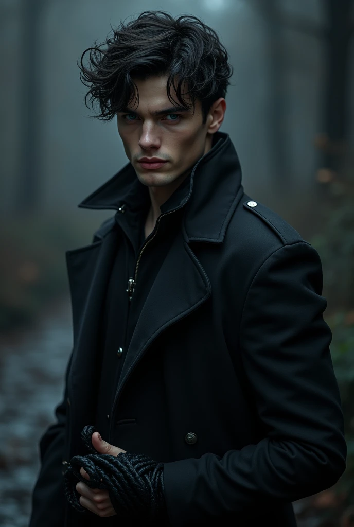 Young man with wavy black hair and blue eyes,  wears a black trench coat and a black metallic rope in his hand.