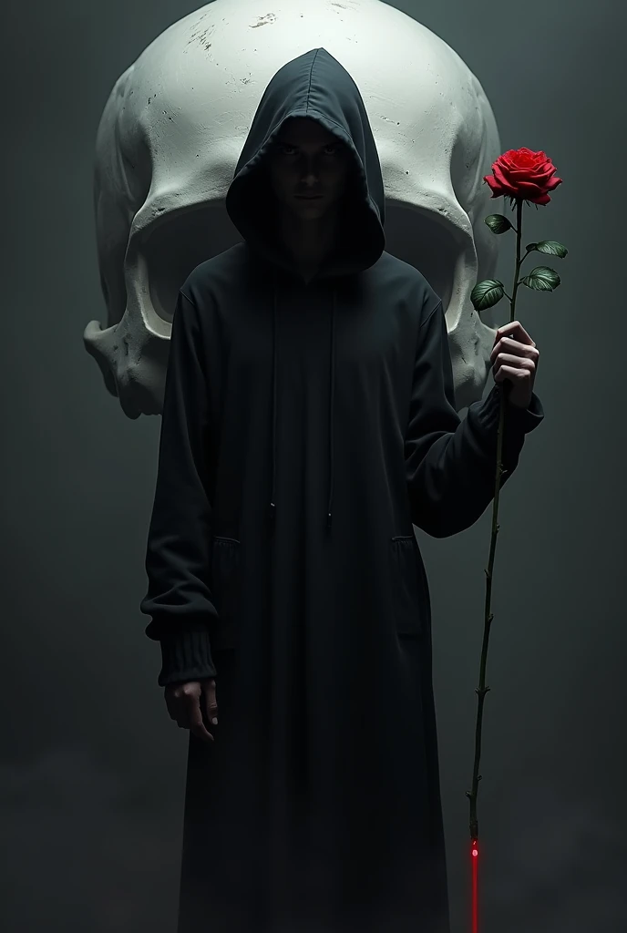 Skull cover and at the top a very tall young man wearing a black hoodie covering his head holds a rose in his hand for a dark romance book with the title IM WATCHING YOU