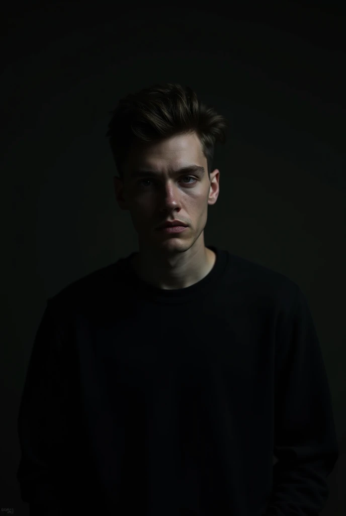 A man with a black sweatshirt and a black background 