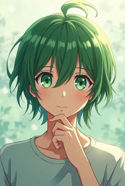 Anime boy with slightly long green hair and green eyes