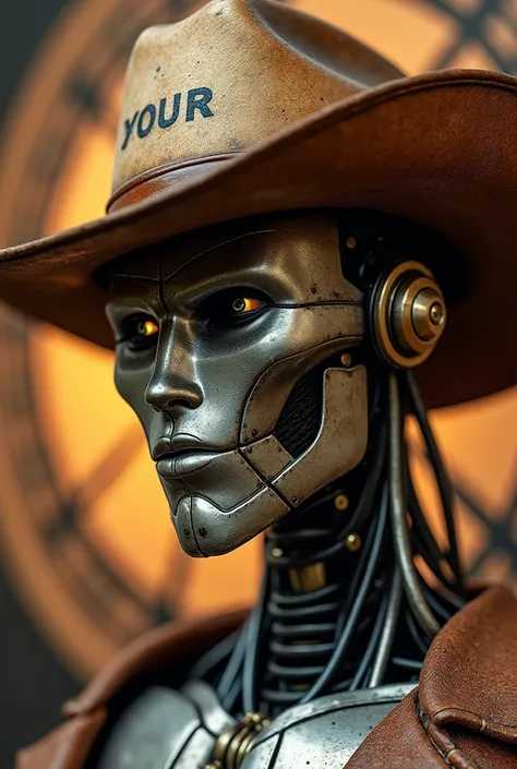 Make a male cowboy robot with only its face, in love,  with a country hat written Your Cowboy,  with the image of a compass as a background image, Make a flashy character 
