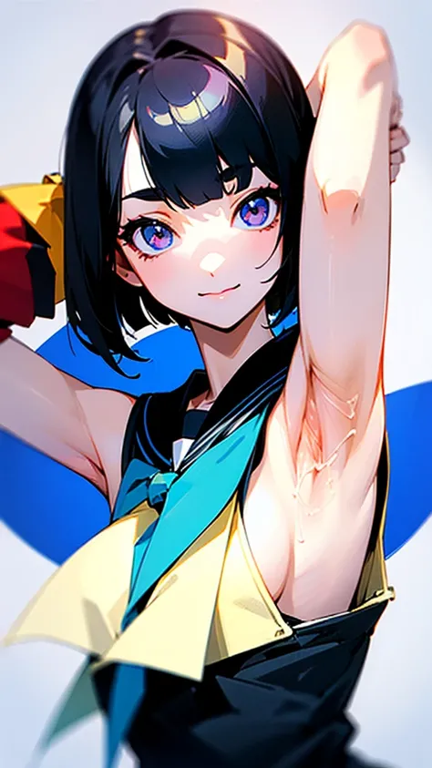 (( top quality )), ((masterpiece)), ( Details),  perfect face、 One Girl ,  sexy、 short bob、 black hair,pale,skinny、Sailor uniform for high school girls、smile、 show me her armpits、Cum on armpits:1.9