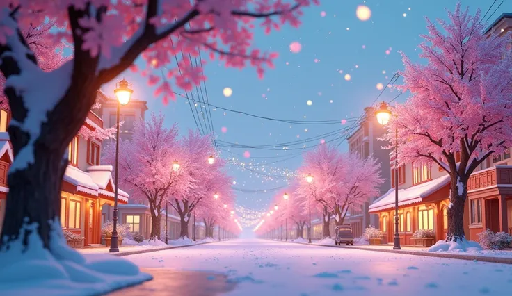 3D rendering style. Snowy city scape is decorated with fairy lights, ornaments, Christmas decorations, banners, balloons for Christmas holliday. cherry blossom trees with leaves falling down. Sparkling. Street corner. a few of vehicles. Clear sky.