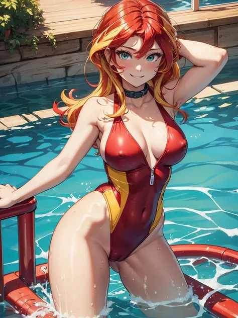 Sunsethuman, female, red and yellow hair, wavy hair, wearing a red one-piece swimsuit, posing on a diving board, smiling, sensual eyes, erect nipples, camel toe