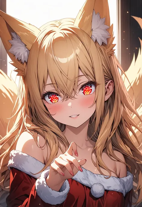 longhair, (red eyes:1.5),   woman、slender、 animal ears , Tail,  shiny golden hair,    fox ears, foxtail,  9 Tails、Nine-tailed fox、 white ear tips 、White at the tip of the Tail、(Small chest:1.2), Oblique Eyes 、break looking at viewer, break outside, break (...