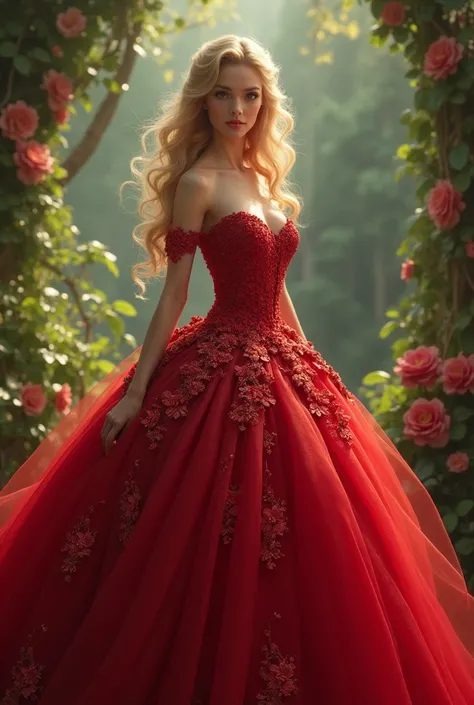 blonde princess in a lush full-length red ball gown