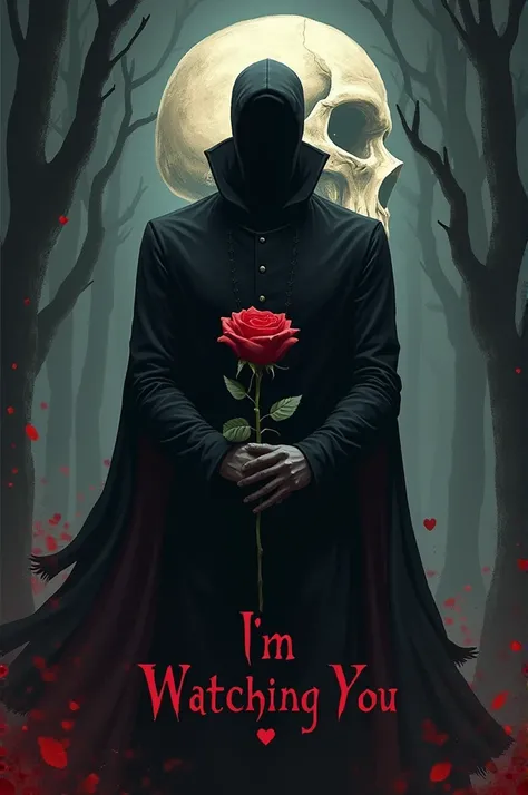 Dark Romance book cover with a skull and at the top a very tall man wearing black pants and a black sweatshirt is holding a small rose and in the center it has the title IM WATCHING YOU