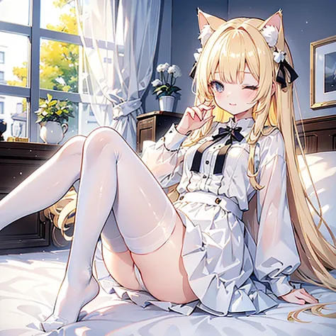 Charming light golden haired 18 year old cat ears girl wearing white and light black skirt and white stockings with white panties，18 year old cat ears girl sitting on bed face red upskirt ，Dressed cute with one eye closed，There are no defects in the whole ...