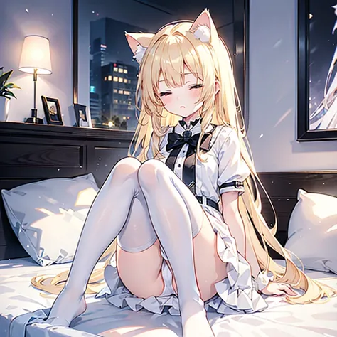 Charming light golden haired 18 year old cat ears girl wearing white and light black skirt and white stockings with white panties，18 year old cat ears girl sitting on bed face red upskirt ，Dressed cute with one eye closed，There are no defects in the whole ...