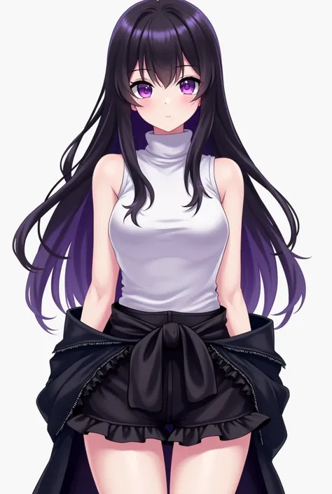 A femboy with curvy body and pale skin, he has long jet black hair with purple fades and his eyes are amethyst coloured with flower shaped pupils, cartoon, he is wearing a sleeveless white turtleneck and black shorts woth ruffles beneath, he also had a jac...