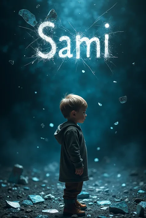 A boy look a broken glass reflect other broken glasses . In the middle of the image add the text SAMI   the back ground of the image is a combination of blue and black color. The image must be have a iconic, epic and legendary feel.
