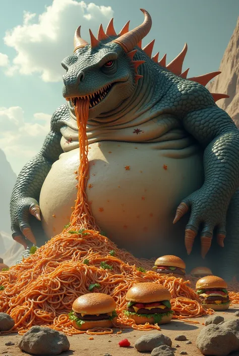 Fat Dragon size 200 m eating spaghetti and 20 burger huge size belly, giant, massive round belly, rumbling belly, gassy 