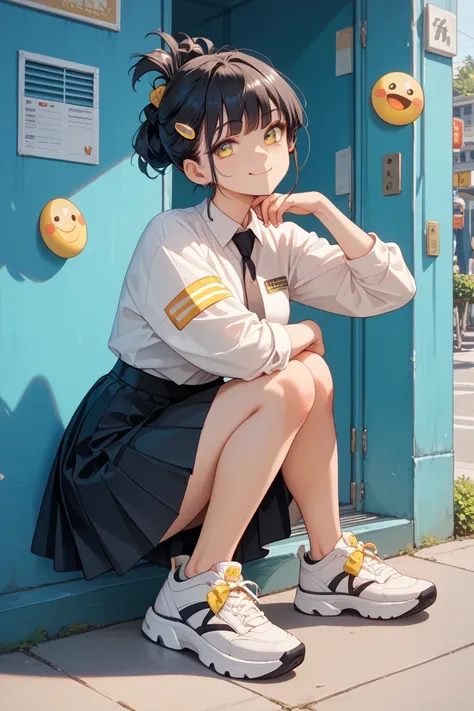 1 woman,  full body, frontal, White sneakers ,  black hair , Hair tied with a yellow clip, white shirt, black skirt,  black tie, 20 years old, yellow eyes,  blunt impression ,  smiley face, Posing, masterpiece,  top quality