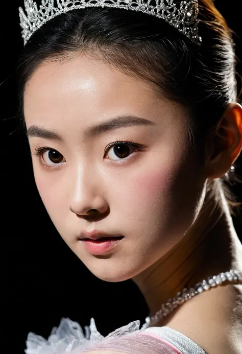 Genius female idol Keiko Dramatic close-up of ballerinas transformation --ballerinas face and upper body filling 95% of frame --half of face still human, half dissolving into shadow --portrait centered and extremely large in frame --intense emotional expre...