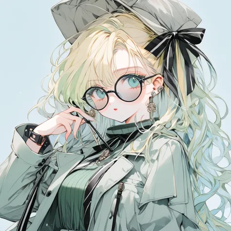  Masterpiece  , top quality ,Ultra_  Details, high definition , absurd:1.2), 1 girl,  lots of light blue _background,  trench coat_On_head, black_ribbOn, blOnde_light blue_hair, green_ dress, green_eye, Powder Snow, bow, brooch,  dress,  sunglasses, bow, _...