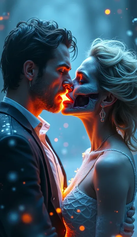 A hauntingly beautiful digital artwork capturing the moment their lips meet—a zombie woman and man entranced victim. As their kiss connects, an icy fire surges through him, illustrated by glowing tendrils of frost and flame intertwining around their bodies...