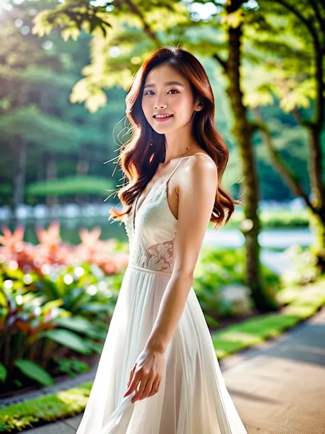 alone、 Japanese、 graceful long-haired woman 、 gentle smile 、 wearing white dress 、 soft blurry background 、 natural light、Pro portrait 、 luxury fashion photography style