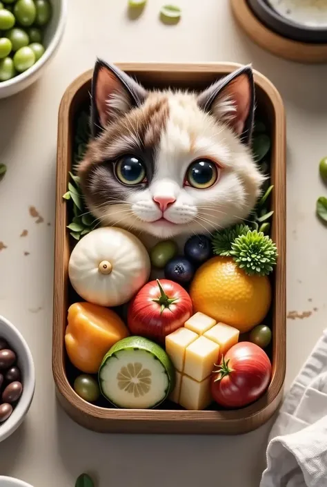 A bento that imitates a cute animal、 shot from above、