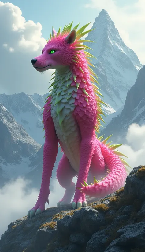 Here’s a detailed prompt for your concept:

"A majestic hybrid creature combining a giant wolf and a dragon fruit, standing proudly on a misty mountain peak. The wolf’s body is shaped like a muscular, powerful predator but is covered in the vibrant texture...