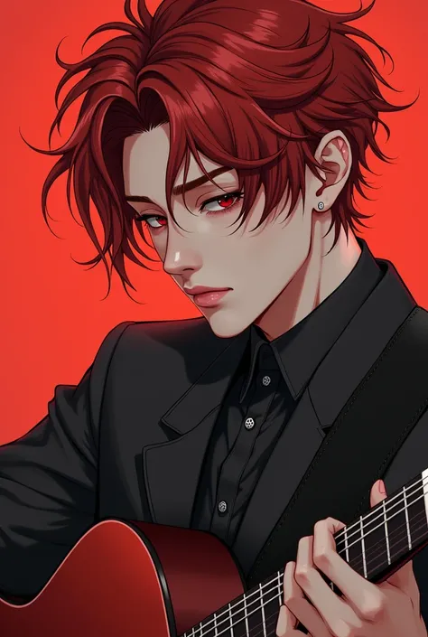 a close up of a person with red hair holding a guitar, handsome guy in demon slayer art, handsome japanese demon boy, cai xukun, male anime style, delicate androgynous prince, beautiful androgynous prince, anime realism style, artwork in the style of guwei...