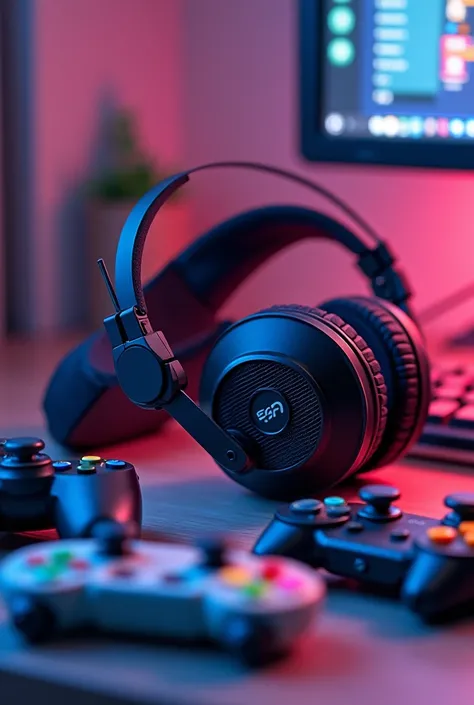 Background with little thing of gaming like headphones, joystick, remotes.