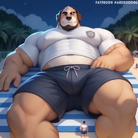 Scribble St. Bernard dog face,Humanity(St. Bernard dog),(shorts:1.3), muscular ,(Black eyebrows:1.1),White belly，Black beard， brown fur , t-shirt（artist:Takemoto Arashi），night，Lying on the beach，tease，scar, (Massiv:3.0, ( heavyweight ,strong,Macro, Emphasi...