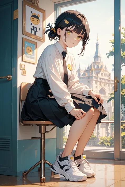 1 woman,  full body, frontal, White sneakers ,  black hair , Hair tied with a yellow clip, white shirt, black skirt,  black tie, 20 years old, yellow eyes,  blunt impression ,  smiley face, Posing, masterpiece,  top quality