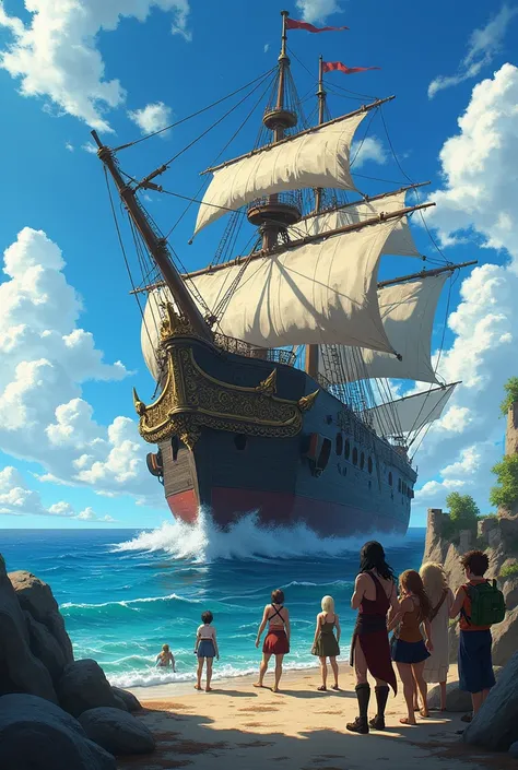 Generate a 2d anime pic about a old ship with some people is about to adventure in the ocean