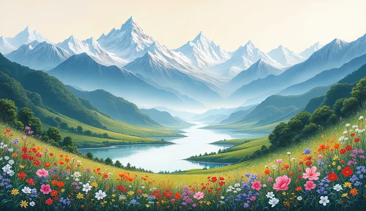 Mountain, flower, river painting with chinese traditional style, super great view and color grading, fit with every human generation eyes, different type and color of flowers, wide grass land full of flower