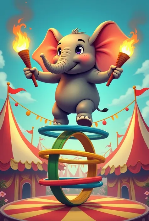 Cartoon elephant holding torches standing on five hoops, four blue hoops, yellow hoops, green hoops, red hoops