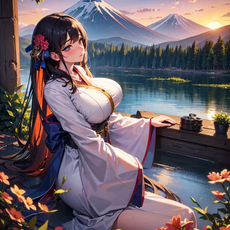  better quality,  masterpiece, extremely Detailed, Detailed background, Detailed eyes, animated, 1 girl,   beautiful eyes of God ,  young girl ,  Long-haired girl , expressive face , kimono, retro, landscape del monte fuji, outdoors, sunset, beautiful sky,...