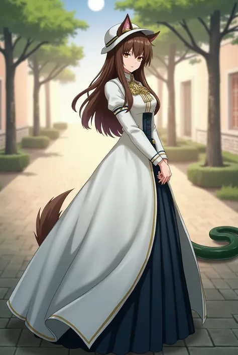 Snake At the school 1woman, maid, wolf ears, brown hair, gold eyes, standing on ground, high res, ultra sharp, 8K, masterpiece dress long Noble ladies fashion full body in Victorian Era dress red, blue, green a conservative full body pose of a 1910 woman w...