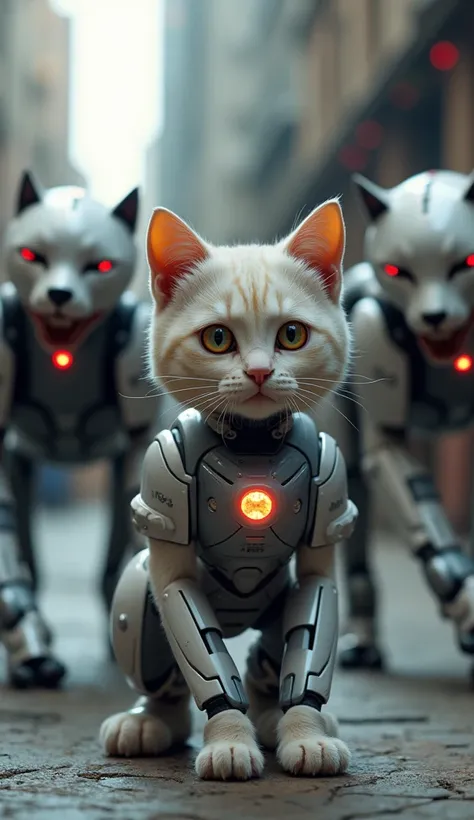 British shorthair cat transforms into a sophisticated robot cat, MeowBot. With laser, rocket and shield capabilities, the Cat is ganged up on by 3 Robot Dog villains and they fight fiercely.
background robot villains.