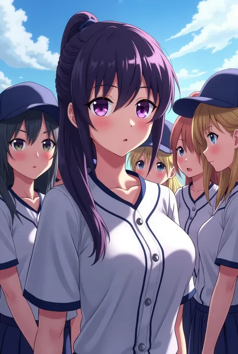 Japanese animation style、 high school girl、Baseball players、 Baseball Cap 、Dark Purple Long Hair、single ponytail、 purple pupils、 full breasts 、From Taiwan、Team Gathering