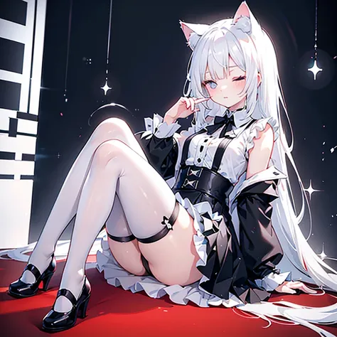 The Worlds Most Charming Pure White Hair 20 Year Old Cat Ear Girl Wearing Black And Black Skirt And Black Stockings With White Panties，Sitting lying face very very very red upskirt ，Dressed cute with one eye closed，There are no defects in the whole body，Th...