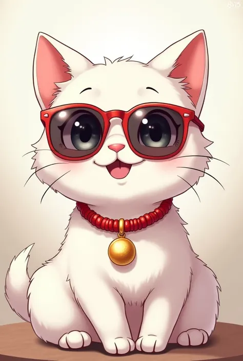 white cat red necklace with gold pendant, he is wearing sunglasses, anime style, kawaii