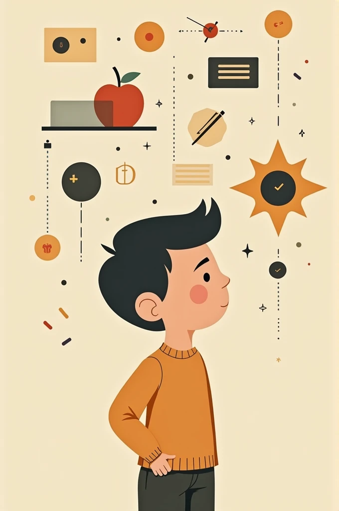 A flat illustration of a boy dreaming of a world educational, minimalist, warm, utilitarian, geometric, Danish design 