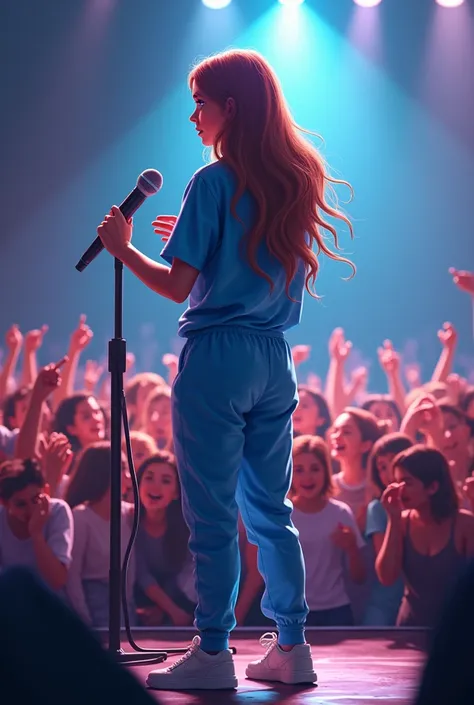 Female artist, blue shirt, long-haired sweatpants, was on stage holding a mic talking to a crowd of fans.