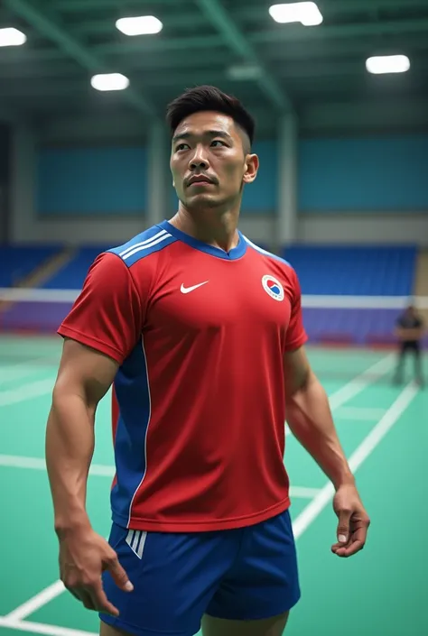 （Highly detailed body，Highly detailed face，the best quality：1.2）, Korean Man in Badminton Suit. Indoor Badminton Stadium Background