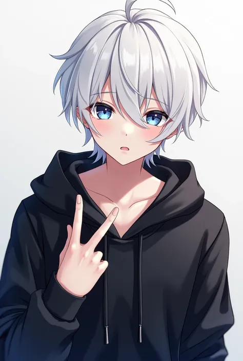 anime boy with white hair and blue eyes with black hoodie doing peace sign with left hand handsome