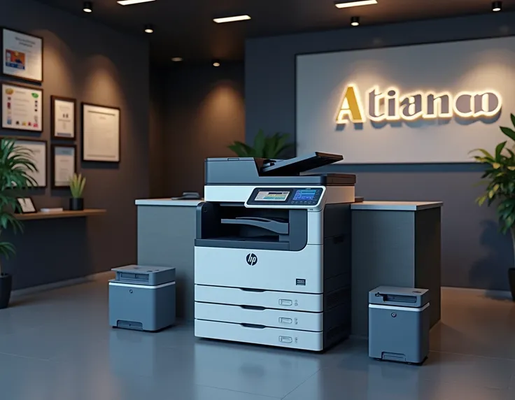 Hyper-realistic portrait of Hyper-realistic portrait of a modern company reception with special lighting for a professional company with a sturdy white and black HP brand photocopier with LED lights that make them look very elegant on each side can be seen...