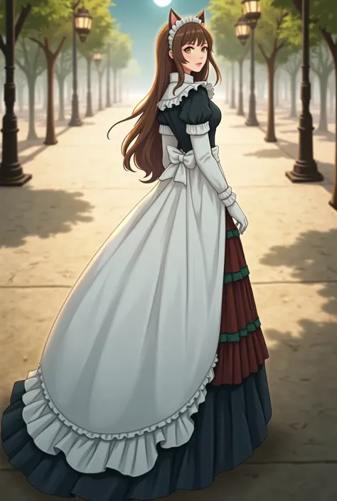 Girl Snake At the school 1woman, maid, wolf ears, brown hair, gold eyes, standing on ground, high res, ultra sharp, 8K, masterpiece dress long Noble ladies fashion full body in Victorian Era dress red, blue, green a conservative full body pose of a 1910 wo...