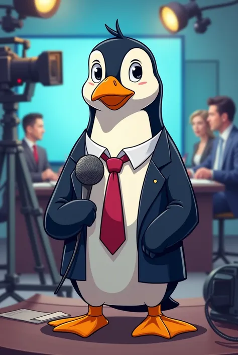 Cartoon Penguin sitting in studio as new repoter talking video ai
