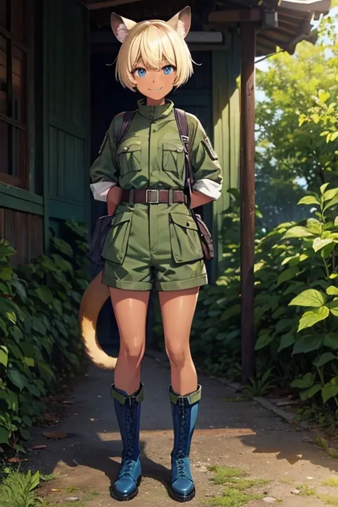  anime picture 、 Full Body Portrait 、A 15-year-old dark-skinned woman about 160 cm tall wearing a dark green military uniform and camouflage shorts、Weasel Ears、Weasel Tail 、 blue eyes、 Her hairstyle is short, short hair 、Blonde、 Laughing with her mouth ope...