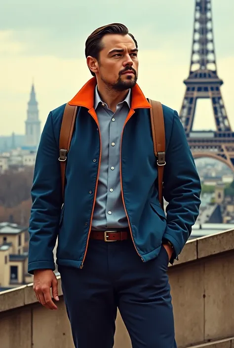 Leonardo DiCaprio in Paris with a Blue and Ange jacket and classic pants a strap 