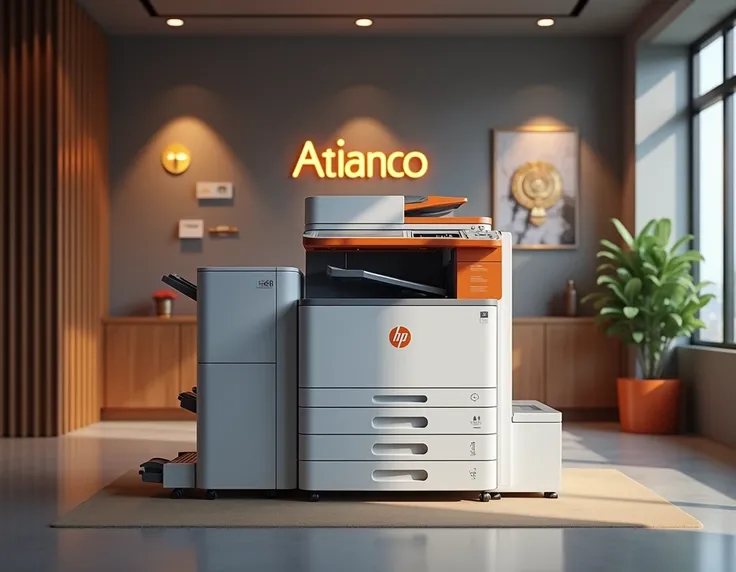 Hyper-realistic portrait of Hyper-realistic portrait of a modern company reception with special lighting for a professional company with a sturdy white and orange HP brand photocopier with LED lights that make them look very elegant on each side can be see...