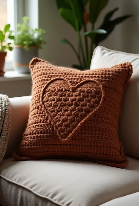 Nice cushion design crochet with wool heart design on wool cushion and separate design black golden chocolate color full view pic room view zoom out on sofa