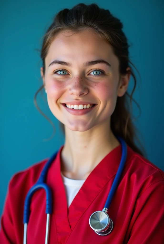 A smart young doctor wear red uniform with blue stathoscope.blue background,blue eyes, High resolution.blush short pics 